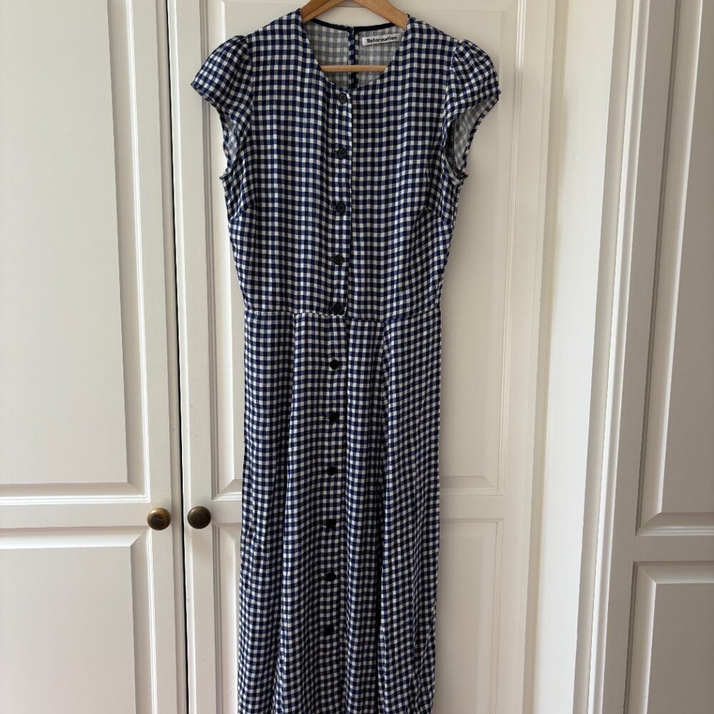 Reformation Fauna Blue Gingham Midi Dress Size 6 - Picture 3 of 6
